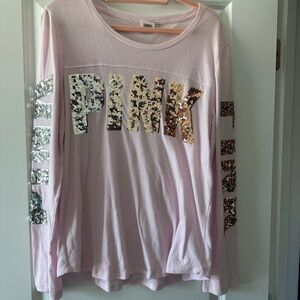 Long-Sleeve Sequin 'PINK' Graphic Top - Light Pink